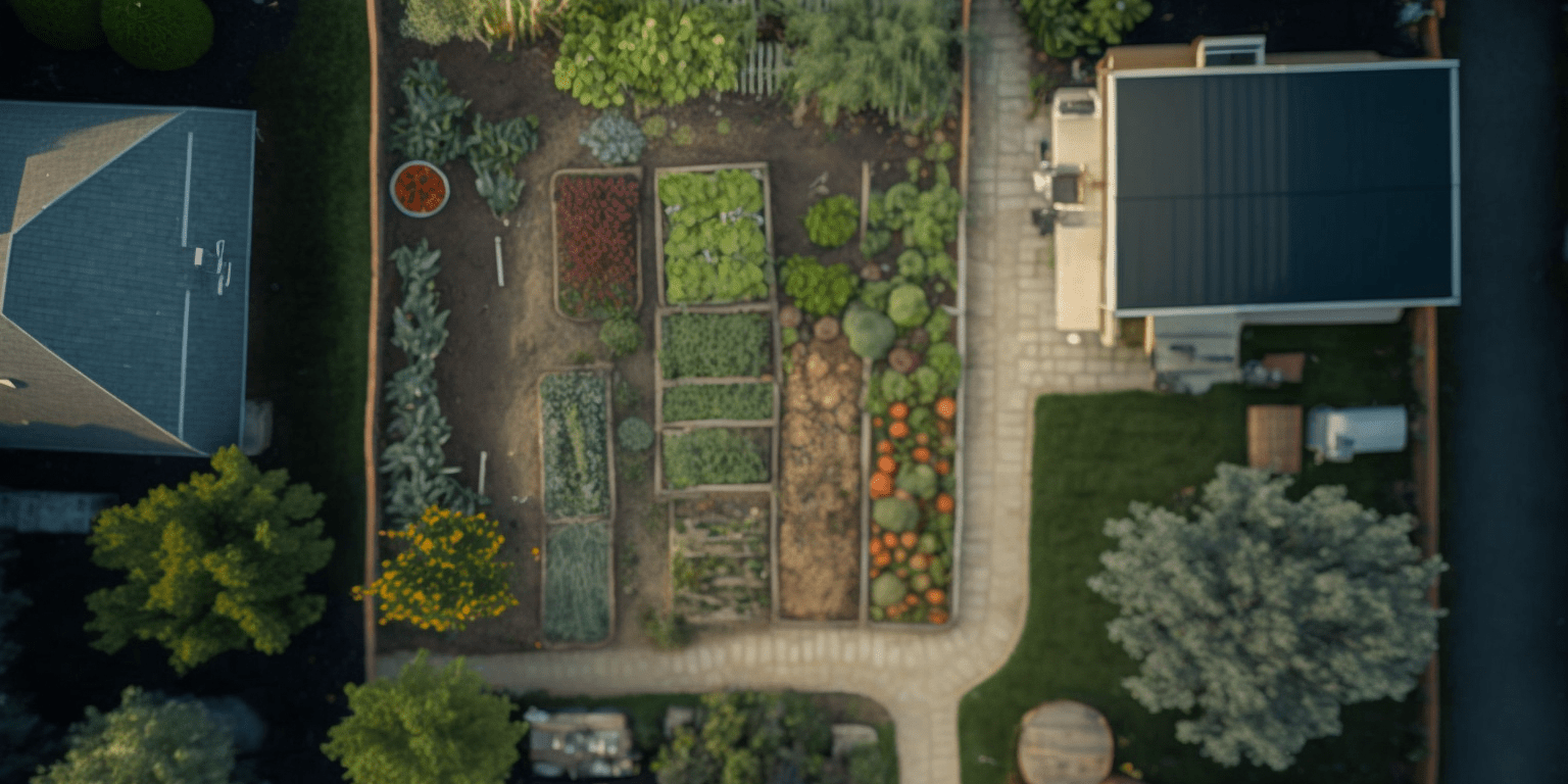 Food Forest Landscape Design A lush green landscape design filled with a variety of fruit and nut trees, berry bushes, and edible perennials arranged in layers.