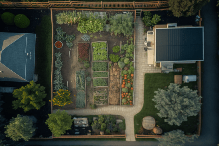 A lush green landscape design filled with a variety of fruit and nut trees, berry bushes, and edible perennials arranged in layers.