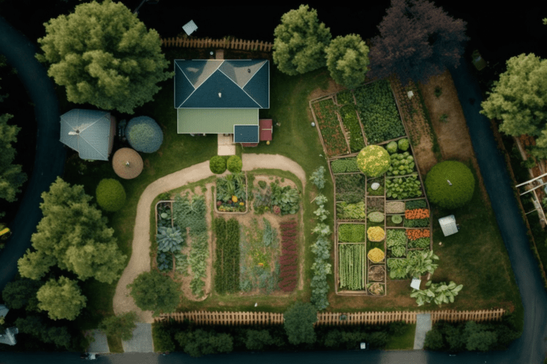 A photo of a lush green garden with fruits and vegetables growing