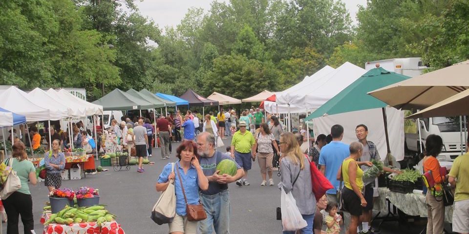 local farmers market bustling with people buying fresh locally-grown produce the positive impact of investing in local food production, not only on the environment but on the local community as well
