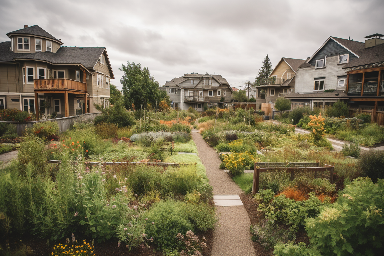 A diverse food forest with fruit trees, shrubs, and vibrant plants, showcasing sustainable gardening