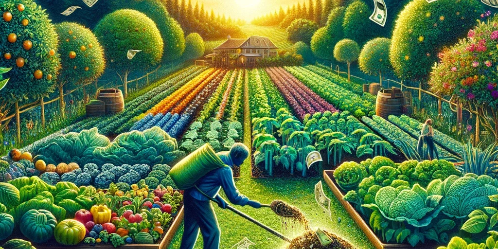 A vibrant garden symbolizing sustainable food production with fiat currency being composted into soil