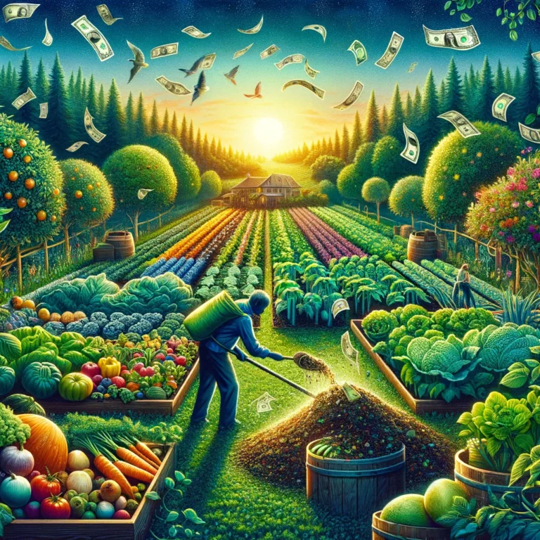 A vibrant garden symbolizing sustainable food production with fiat currency being composted into soil