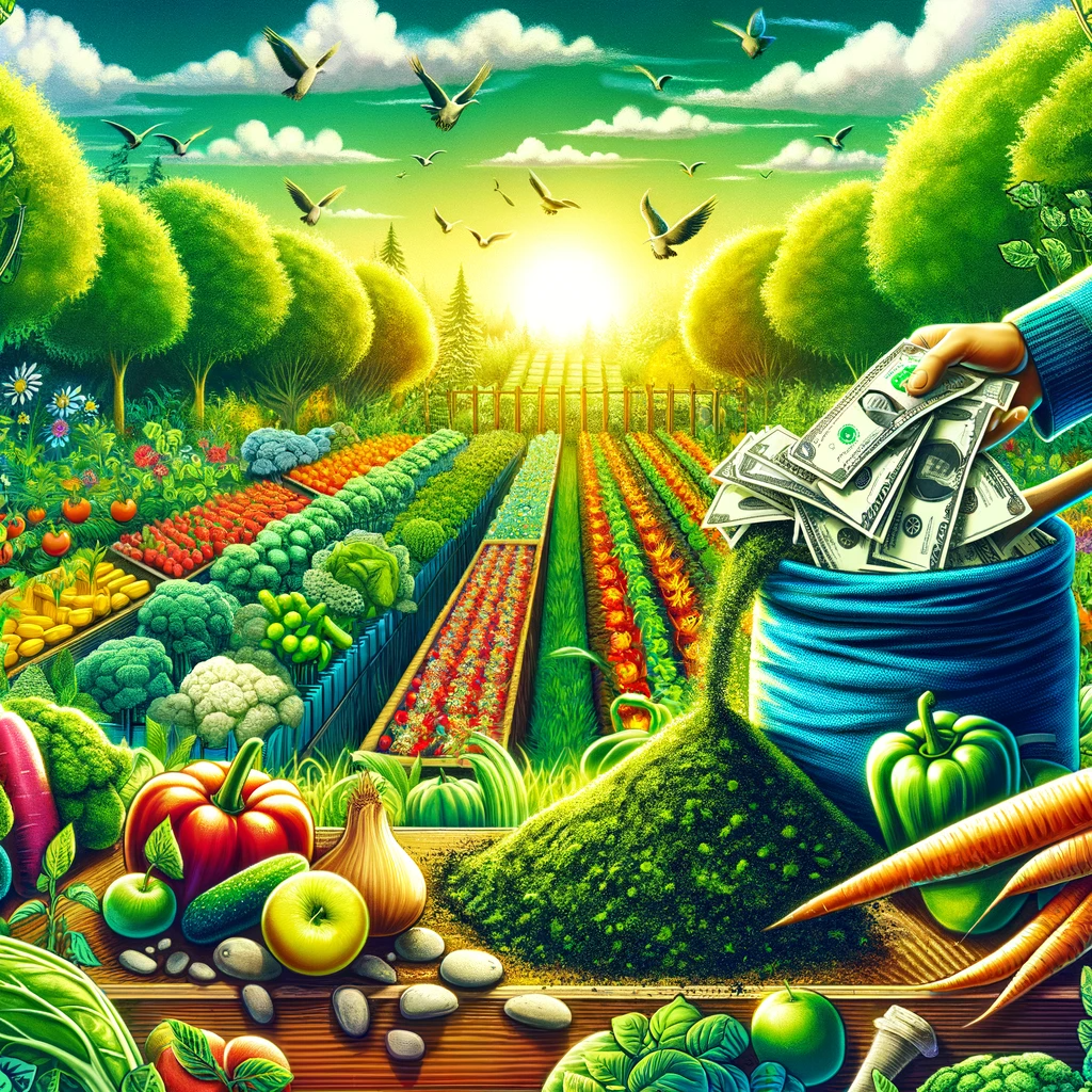 A vibrant garden symbolizing sustainable food production with fiat currency being composted into soil