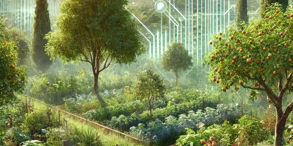 DALL·E 2024-08-14 14.05.40 – A lush and thriving food forest with a variety of plants and trees, showcasing the integration of advanced AI technology. The scene should depict a di food forest design blueprint