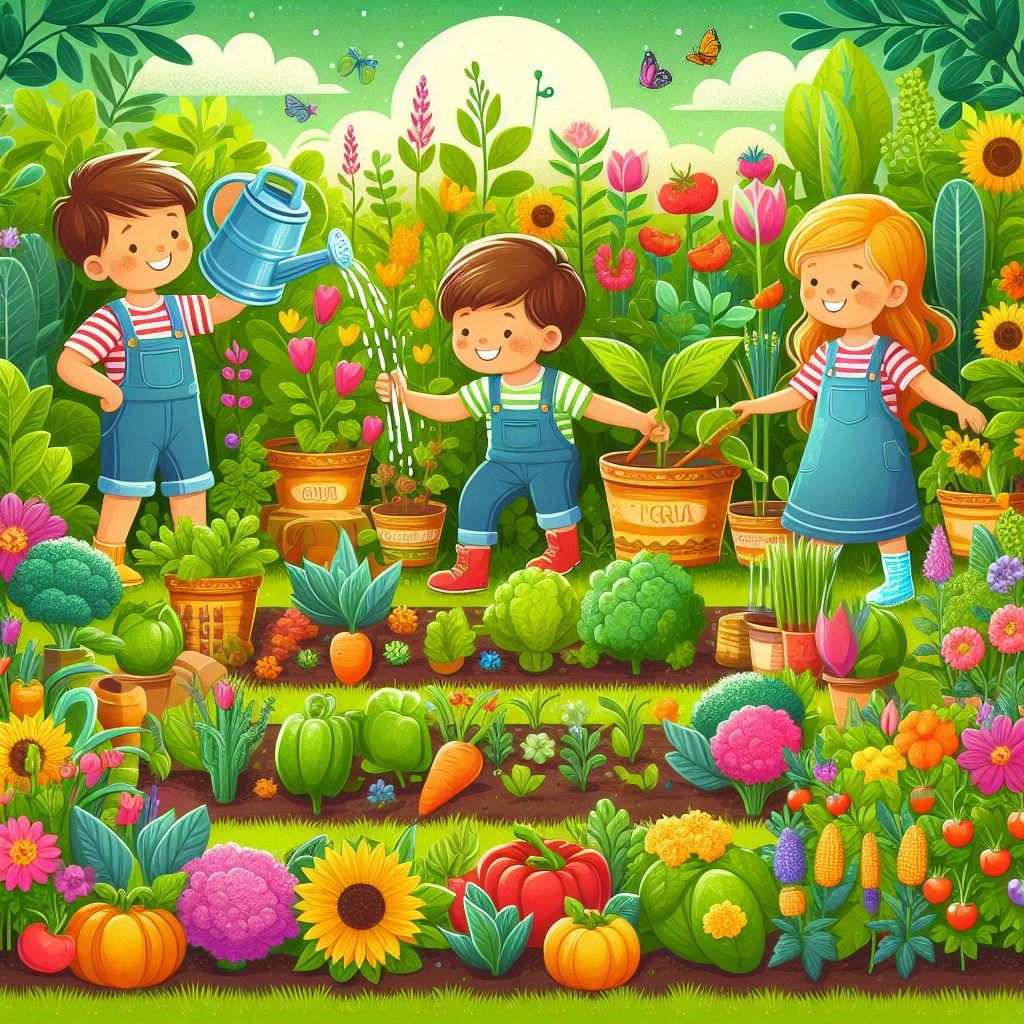Children happily gardening in a lush vegetable garden, learning how to grow their own food