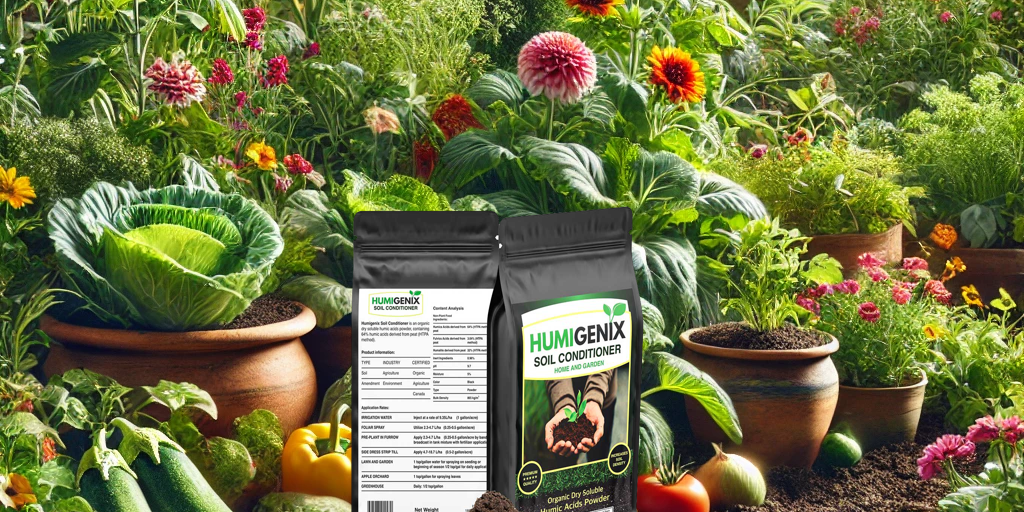 Lush Garden with Humigenix Organic Soil Enhancers Healthy garden bed with vibrant plants and flowers using Humigenix products
