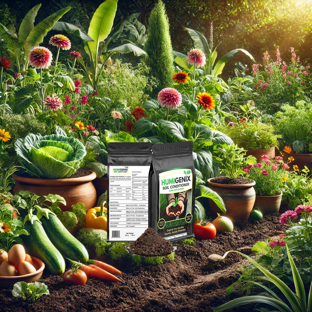 Lush Garden with Humigenix Organic Soil Enhancers Healthy garden bed with vibrant plants and flowers using Humigenix products