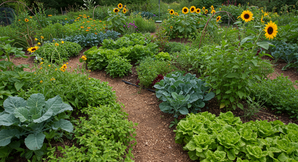 A photo of a thriving permaculture garden with diverse plants, flowers, and vegetables growing together in a harmonious and sustainable way