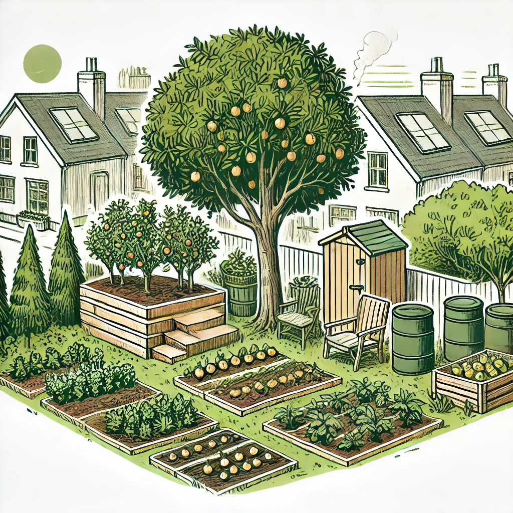 suburban food forest design Illustration of permaculture practices: food forests, water harvesting, and animal integration